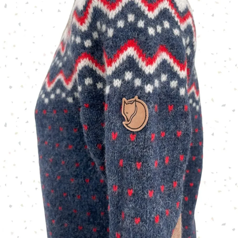 Fjallraven Ovik Knit Sweater Navy Blue Tan Wool Nordic Winter Pullover Size S